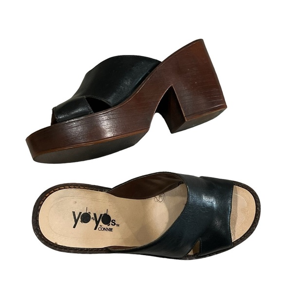 YoYo Vintage Y2K 6.5 Wooden Leather Platform Chunky Wedge Sandals 90’s - Picture 7 of 10